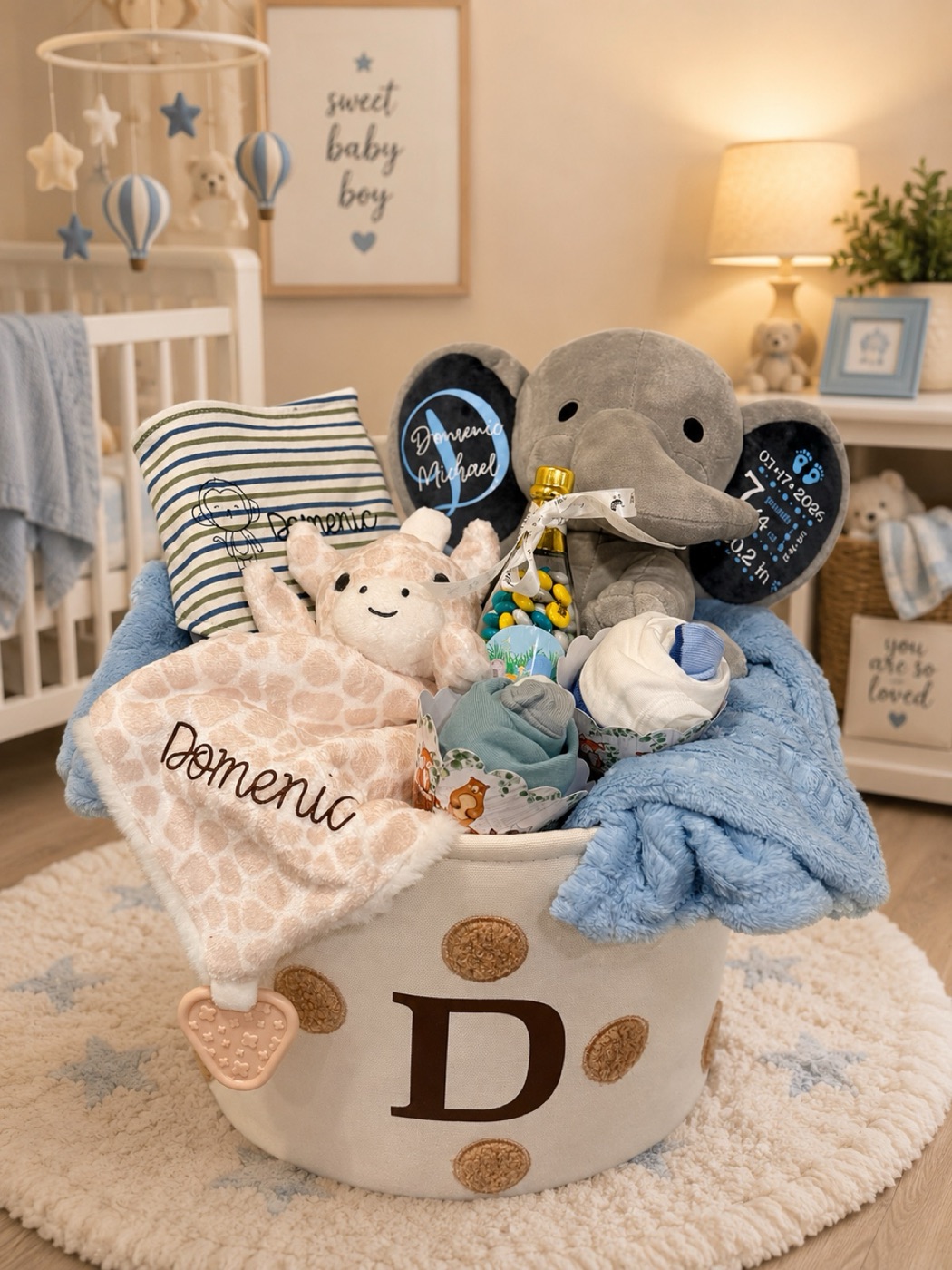 A new baby basket with a plush giraffe, elephant and a monogrammed rope basket
