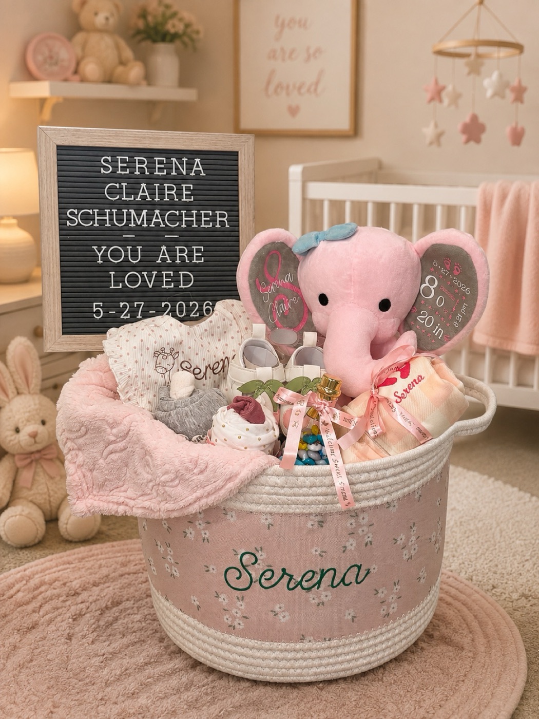 A pink new baby basket with a plush elephant, blanket and a letterboard of the arrival details