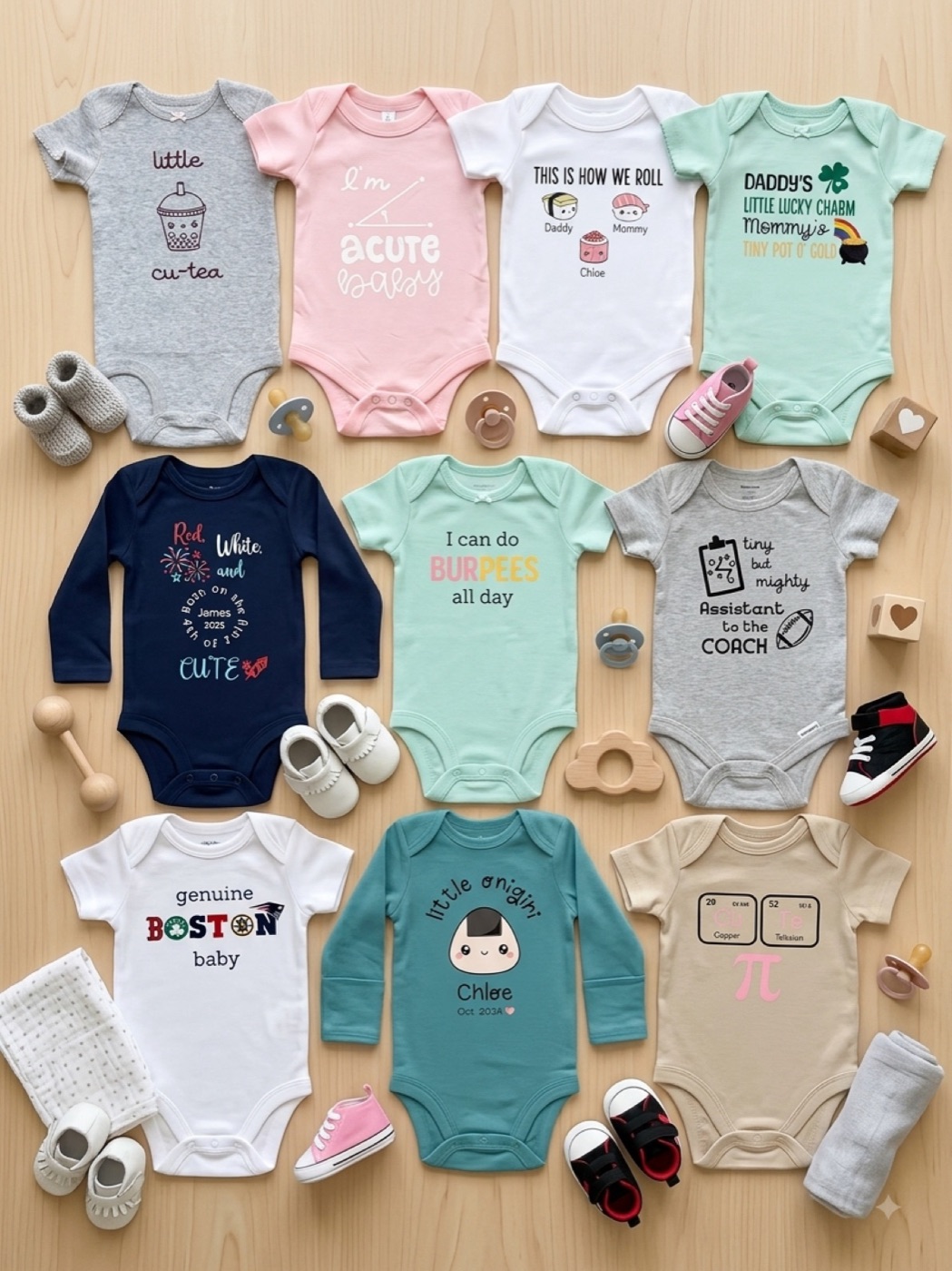 Twelve printed baby onesies laid out with tiny shoes and wooden rattles