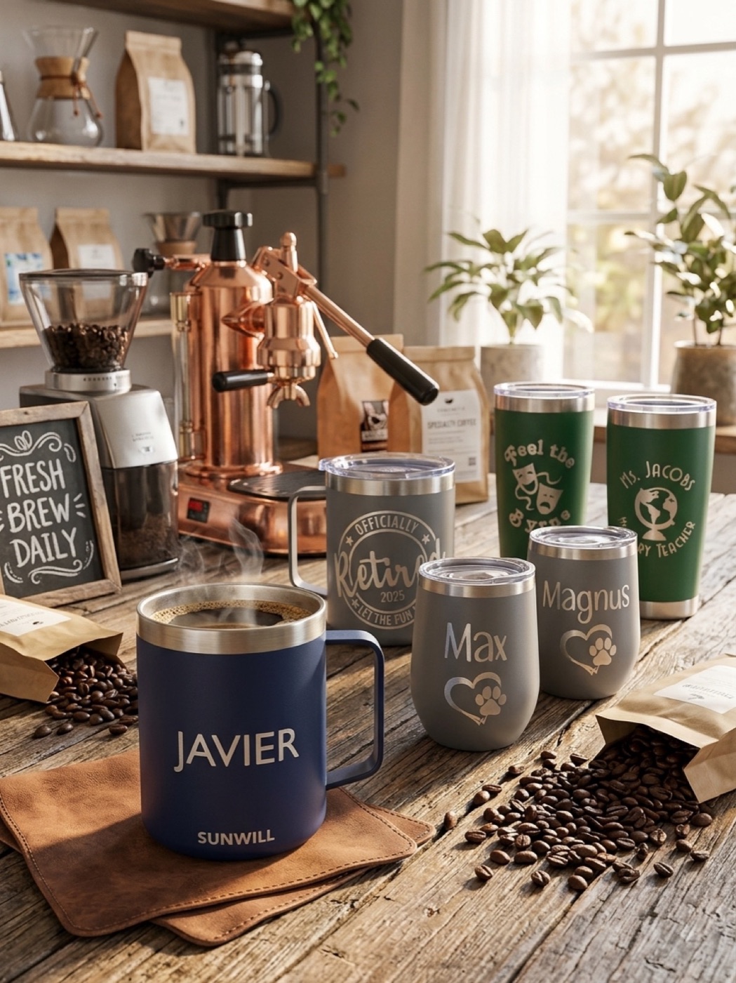 Personalised insulated mugs and tumblers on a wooden counter beside a coffee machine