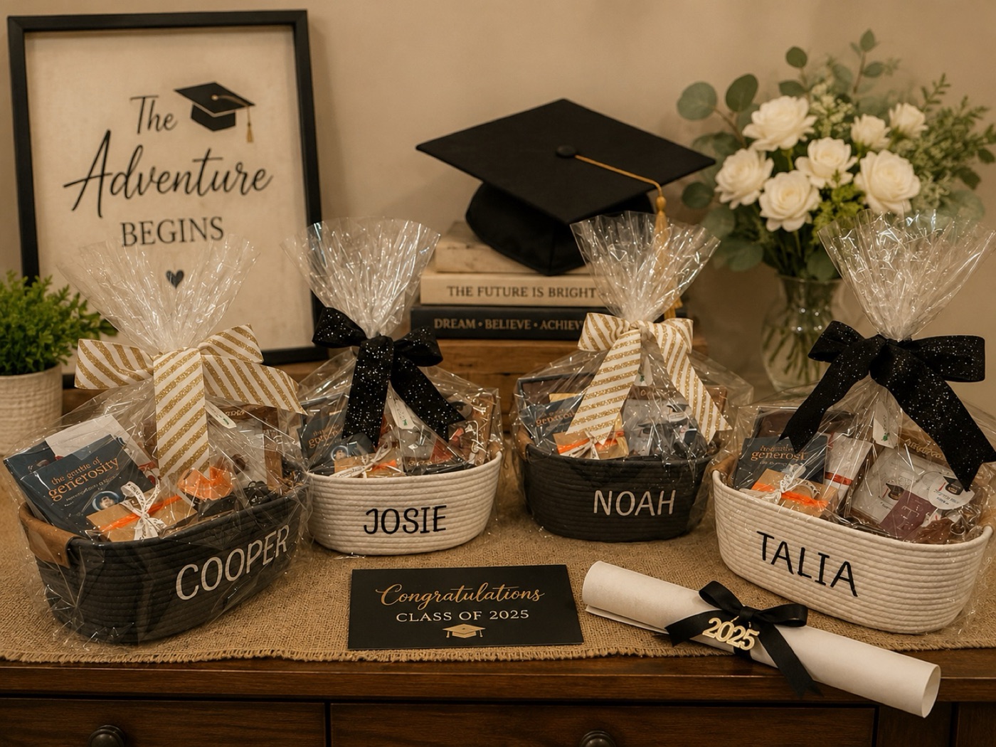 Four personalised graduation baskets with a cap, a diploma and a Class of 2025 sign