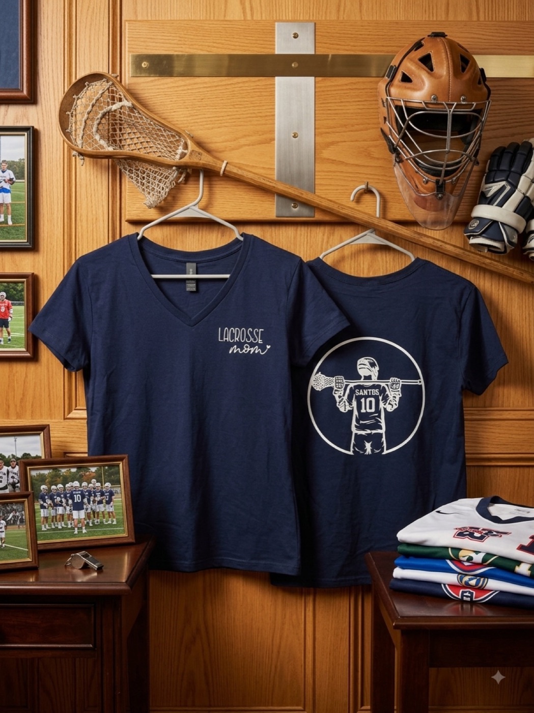 Two navy lacrosse shirts on hangers in front of a stick, helmet and team photographs