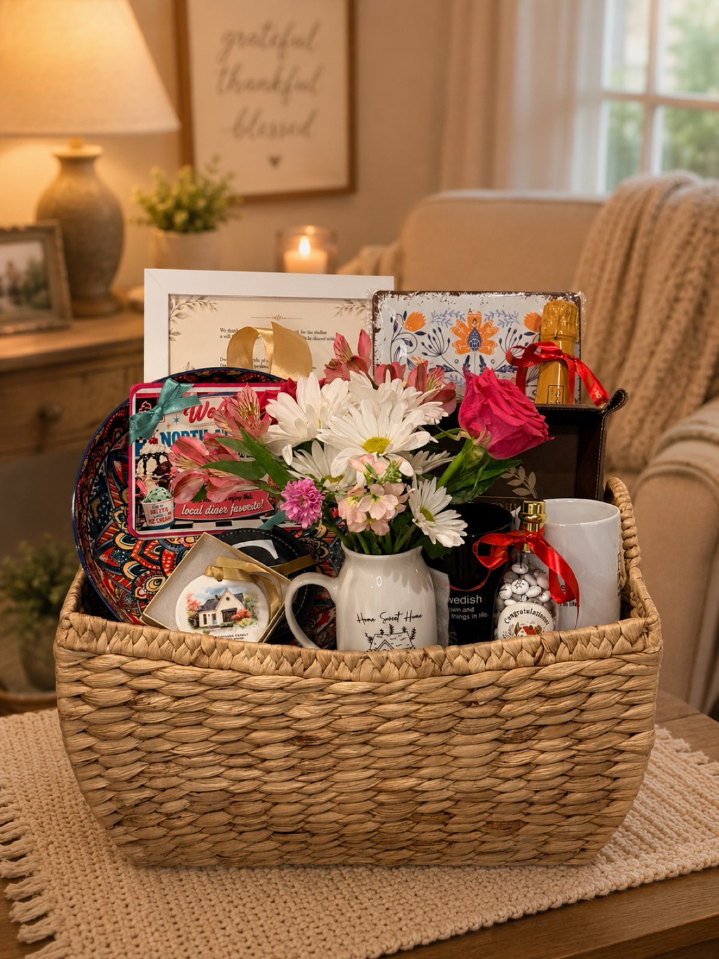 A woven housewarming basket with fresh flowers, mugs and a keepsake tray