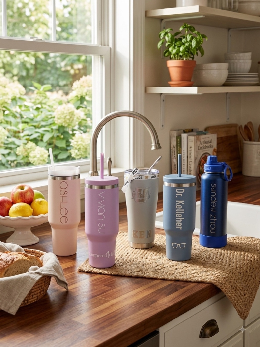 Five personalised tumblers in different colours and sizes on a kitchen worktop